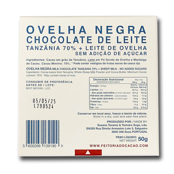 Milk Chocolate Tanzania 70%+Sheep Milk - No Added Sugar